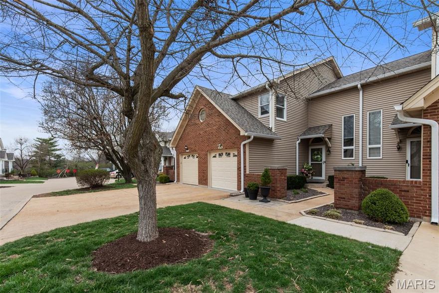 Welcome to effortless living in this beautifully updated Chesterfield townhouse, offering style, comfort, and a truly maintenance free lifestyle in a prime location. This 2 bedroom, 2.5 bath 1380 square foot home features an open floor plan with a dramatic two-story foyer filled with natural light. The main living space is warm and inviting with gorgeous hardwood flooring and a gas fireplace enhanced by a new stacked stone surround. The updated kitchen is both stylish and functional, featuring 42" shaker cabinetry, granite countertops, stainless steel appliances, range hood, seamlessly connecting to the dining area for easy entertaining. The dining room walks out to a newer maintenance free Trex deck with railing, overlooking a private wooded backdrop perfect for relaxing or entertaining. The main floor offers an updated powder room and a convenient laundry room with storage. Upstairs, you will find the vaulted, luxurious primary suite with updated primary bath including double custom closets. The second bedroom could be used as a spacious guest bedroom or office with a nicely appointed and updated hall bathroom. The finished lower level adds an additional 420 square feet of flexible living space. Ideal for a recreation room, home office or gym. Recent improvements include updated lighting throughout, remodeled kitchen and baths, finished lower level, new water heater, new garage door and garage door opener, and a new roof (November 2025). The attached one car garage completes the package. Ideally located close to shopping, restaurants, trails, and much more. Summer at the pool is just steps away. This move in ready home offers low maintenance living with quality updates throughout.