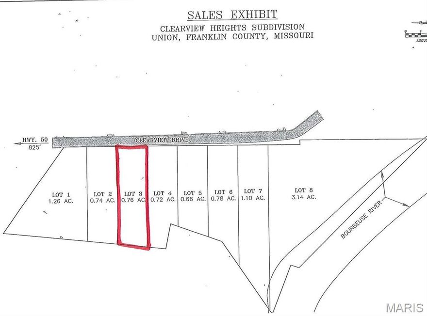 SPECTACULAR VIEW OF THE COUNTRYSIDE AND BOURBEUSE RIVER. EXCLUSIVE BUILDING SITE LOCATION IN UNION, MO. ALL DOCUMENTS ON-LINE AND/OR AT OFFICE. 1,800 SQ. FT. BUILDING MINIMUM. Water, sewer, electric at each lot. Lift pump for sewer needed on each, great lot for walk out basements and panoramic views! Additional Restrictions: In Platted Subdivision