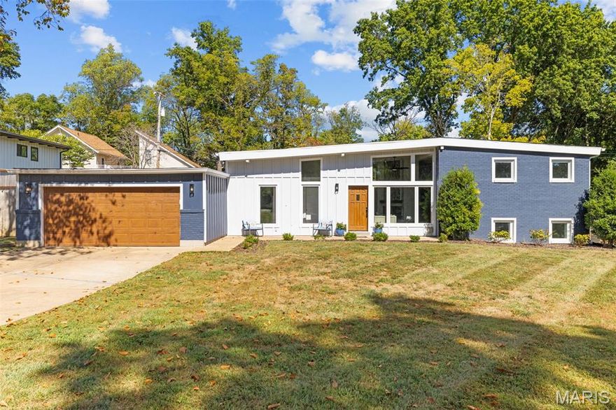 Mid-Century Modern Pool Home in Top-Ranked Ladue School District!  Welcome to this beautifully reimagined 5-bedroom, 3.5-bath mid-century modern home, located in the highly sought-after Ladue School District—ranked #1 in Missouri and #6 nationally by Niche.  This open-concept home underwent a full, down-to-the-studs $301,000 professional renovation completed in 2023. Virtually everything is new: roof, 5” gutters, sheathing, fiber cement siding, kitchen with appliances, bathrooms, flooring, trim, doors, recessed lighting, light fixtures—and much more!  Step inside to a bright and spacious main living area, highlighted by a vaulted, beamed ceiling and large windows that flood the space with natural light. The open-concept kitchen features granite countertops, an island with seating, stylish backsplash, and flows seamlessly into the living and dining areas. Adjacent to the kitchen, a sunroom overlooks the pool—perfect for enjoying your morning coffee or evening meals.  The primary suite offers a spacious bedroom and fully updated ensuite bath, situated on the same level as two additional guest bedrooms and a full guest bath. The lower level includes a large open flex space, two more bedrooms, a half bath, and a huge storage room.  Outside, the private backyard oasis features a large pool and patio area—ideal for lounging, entertaining, or just having fun in the sun. The pool heater, pump, and filter have all been replaced within the last two years. Multiple French drains and sump pumps help ensure proper drainage and peace of mind.  The oversized garage provides plenty of space for multiple vehicles, a work area, and additional storage.  Located in a quiet, serene neighborhood, yet just a short walk to Olive Boulevard with access to shops, restaurants, grocery stores, banks, theaters, and more. You’re also just minutes from hospitals and major highways.  Living in Creve Coeur means enjoying recently renovated parks, a challenging public golf course, an ice arena, seasonal community events, and a welcoming, vibrant community.  Don’t miss this rare opportunity—schedule your private showing today!
