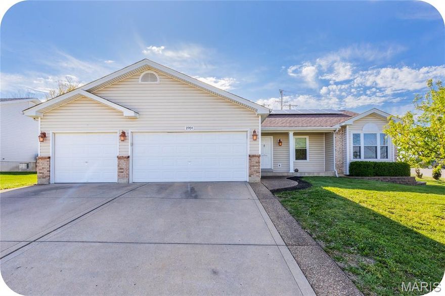 OPEN HOUSE SUNDAY 4/19 1-3! Welcome home to this beautifully upgraded 3-bedroom, 2.5-bath ranch offering modern efficiency, flexible living space, and a prime location just a few blocks from Peine Elementary and the neighborhood water park. Step inside to an open-concept main level filled with natural light, featuring warm wood floors and a seamless flow between the living room, dining area, and a high-end kitchen with sleek cabinetry and premium finishes -- perfect for both everyday living and entertaining. The spacious primary suite includes a bright en suite with double sinks, a separate tub and shower, and a walk-in closet (filled with custom organizers). The main level is completed by two additional bedrooms, a full bath, and convenient main floor laundry. Head down to the finished basement that expands your living space significantly, offering a large rec room, dedicated home office or flex space, half bath, and a separate gym room. Radiant heated floors in the basement add year-round comfort and make this space truly livable. Outside, the backyard is both inviting and functional, featuring a patio for entertaining and thoughtfully designed raised garden beds that add character and opportunity to the space. The oversized 3-car garage is equipped with EV hookups, and the home’s owned solar panels help reduce monthly utility costs, making this property as efficient as it is functional. A reverse osmosis water filtration system at the kitchen sink adds an extra level of everyday convenience. With its combination of thoughtful upgrades, versatile spaces, and convenient location close to schools and local amenities, this home is truly a Wentzville winner!