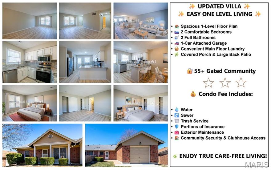 Welcome to this beautifully updated ranch-style villa located in the desirable 55+ gated community of Village at Paddock Lake. This bright and move-in-ready home features an open floor plan with the kitchen, dining, and living areas seamlessly connected—perfect for comfortable everyday living and entertaining.

The recently remodeled interior includes new flooring and baseboards, fresh paint throughout, and stylish new light fixtures. The updated kitchen offers stainless steel appliances, granite countertops, and a glass tile backsplash, along with a convenient breakfast bar and open view to the living space.

This main-level living villa offers 2 bedrooms and 2 full bathrooms, both updated with new vanities and tile. The spacious primary suite includes ample closet space, while the second bedroom provides flexibility for guests or a home office.

Additional features include vinyl windows, main-floor laundry, and an oversized 1-car garage. Everything you need is located on one convenient level.

Enjoy the low-maintenance lifestyle this community offers. Monthly condo fee includes water, sewer, trash, exterior maintenance, lawn care, snow removal, security gate, and clubhouse access. Located near shopping, dining, and major highways.

Move-in ready and perfect for easy, stress-free living!