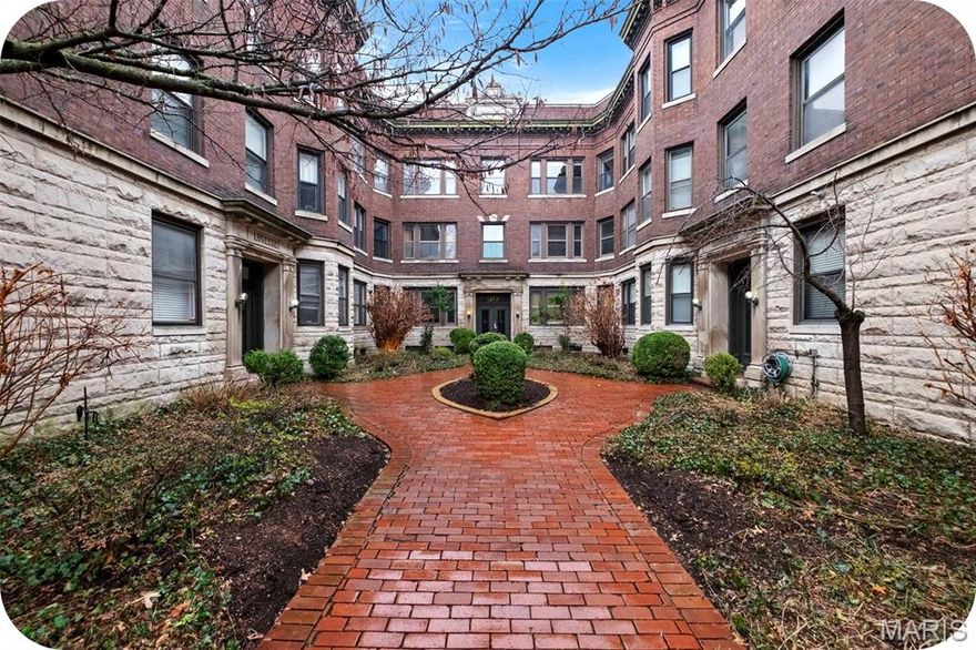 Welcome to your slice of Central West End heaven! Nestled in the historically charming Lucerne building, this condo will check all your boxes for a steal of a price! This one floor unit boasts 1100 square feet of space with gorgeous original hardwoods and plenty of charm! Upon entering, pass through the foyer to the very spacious living and dining room areas complete with beautiful tile on the fireplace. These are light-filled large rooms that  are perfect for entertaining! Down the hall, check out the incredibly renovated bathroom (2022) which showcases beautiful lighting, a redone shower and every surface touched. Convenient laundry is located here as well. Down the hall, two good-sized bedrooms are across from an additional eating space, the breakfast room. This is open to the kitchen which is just waiting for your personal touch. Units in this building with a renovated kitchen and the same square footage sell in the neighborhood of $215K-$220K and more! Room to put your own fingerprint on this home! Walk out of the kitchen to a mini deck area which leads down to your secured parking lot, where you have one spot. In the basement, there is also ample storage for your items. The roof was replaced in 2025 and it has already passed occupancy inspection to boot! Let's talk location now. You are a stone's throw from: breakfast at Bowood, ice cream at Clementine's, groceries at Whole Foods, a burger at Shake Shack and a movie while enjoying the beauty of the Chase Park Plaza. Did I mention you're also jogging distance to Forest Park and Barnes Jewish and other world class hospitals? All of this for under $200K. What are you waiting for?