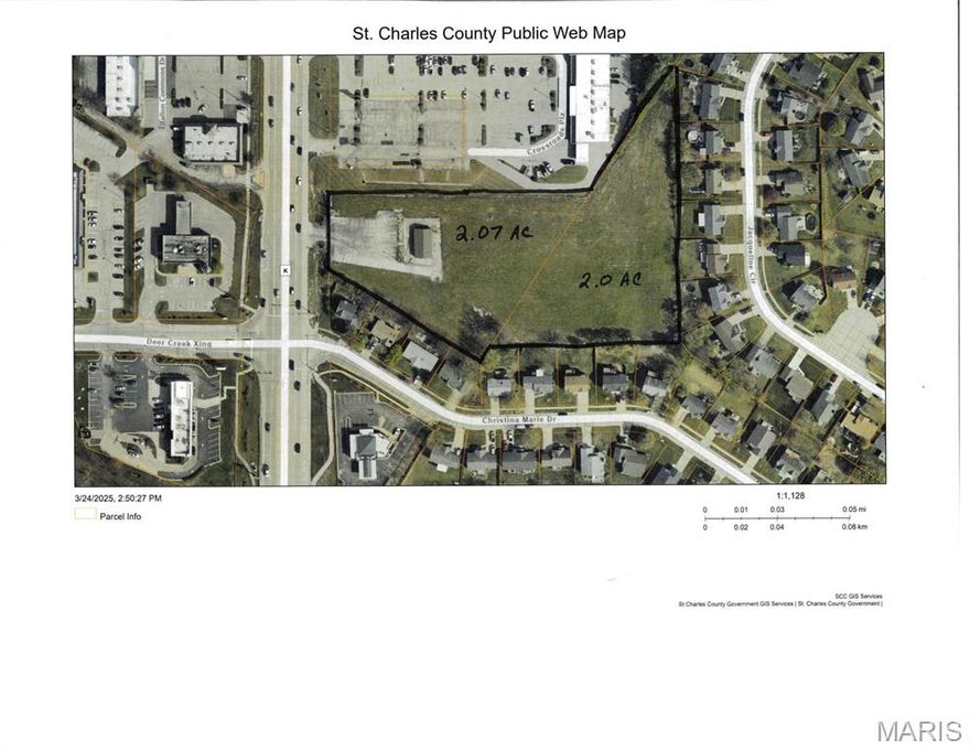 List Price is $15.50 psf for all 4.07 acres; or $23.00 psf for frontage acreage and $13.00 psf for remaining acres in the back.
Desirable piece of commercial property in St Charles County with Highway K Frontage; optimal usages.   
Tax ID for 2.07 acres 2-0126-0067-00-0002.1110000
Tax ID for 2 acres is #2-0126-0067-00-0002.6000000 Location: City, High Traffic, Hwy/Interstate Frntg