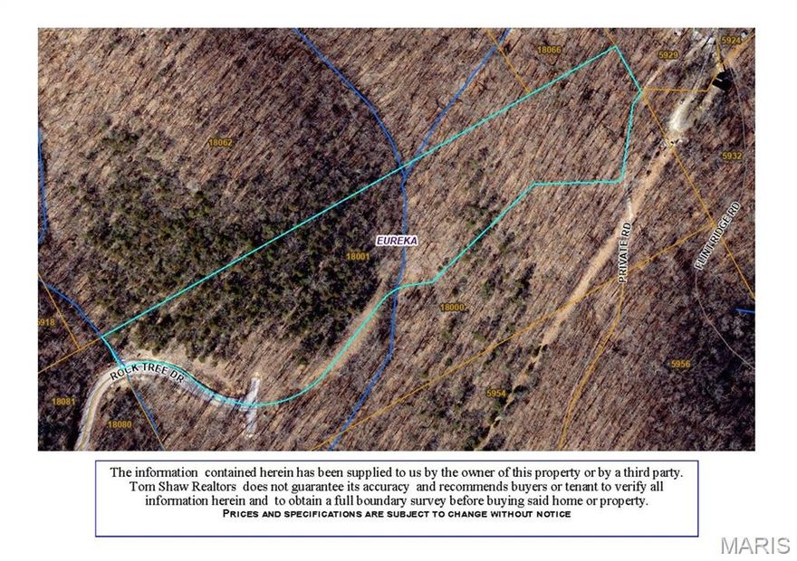 STUNNING, road frontage 6.347+/- acre wooded lot with SCENIC views and in ultimate privacy within Rock Tree Estates. This beautiful lot sits in the back of the neighborhood & provides privacy and the charm of country living with the convenience and ample amenities of Eureka, Pacific & Wildwood town centers just minutes away. Perfect location for your dream home, a contemporary farmhouse, or even a country estate. Your plan, your builder. Centrally located with easy access to I-44, Six Flags & parks. AAA Rockwood District. Features include: underground electricity/phone access. Meramec River access right down the road. *Restrictions are attached in supplements. However, subject to change.*