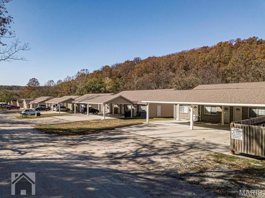 INVESTMENT OPPORTUNITY • FOUR BUILDINGS – 16 well-maintained 1-bedroom units. • Prime Location – Situated in the heart of downtown Waynesville, just off Historic Route 66. • Consistently Rented – Highly desirable for both local residents and military service members. • Professional Management – Currently managed by a professional pm company ensuring stable occupancy and property upkeep. • Well Maintained – Upgraded flooring in select units with vinyl plank laminate. • Convenient Amenities For Owner & Tenant – Covered carport, concrete pad parking, lawn care, and dumpster service provided by the owner. Tenant pays water, sewer, electric! • Direct Access to Major Routes – Less than 10 miles to Fort Leonard Wood, easy access to HWY 17 leading to the Lake of the Ozarks, and I-44 for travel to Springfield and Rolla. • Increased Rents- Rent rates for the last 2 years have exponentially increased and still have potential to raise!