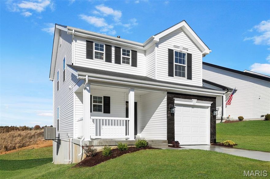 New McBride Homes St. James 2-story 3 BR, 2.5 BA is ready now! Partial walkout homesite! Perfect for entertaining with an open floorplan, 6’ windows, wood laminate flooring, & a spacious family room with a ceiling fan. The kitchen features level 4 painted white 42” cabinets, breakfast bar, quartz countertops, & stainless-steel GE appliances. Dining area offers sliding glass doors leading to the backyard. Upstairs is the master suite has a walk-in closet & luxury master bathroom. 2 additional bedrooms, full bath, & upstairs laundry add convenience. One car garage w/coach lights, upgraded fixtures, ceiling fan prewires, main floor powder room, white 2 panel interior doors, & more! The LL includes ¾ bath roughin for future finish. Located in House Springs, this community features 263 homesites off Bear Creek Road, just east of Gravois Road & Carol Park Road. Enjoy peace of mind with McBride Homes’ 10-year builders warranty & incredible customer service! Similar photos shown.