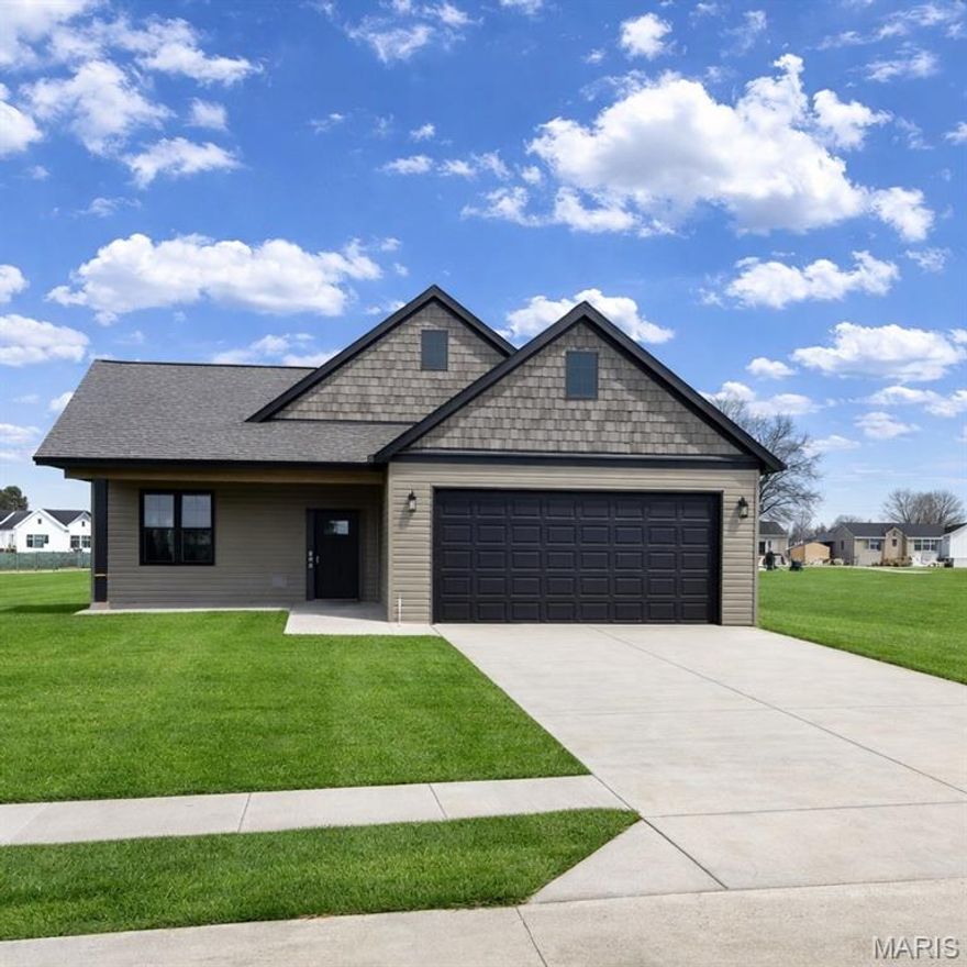 Welcome to The Birchwood, a beautifully designed new construction home offering 3 bedrooms, 2 full baths, and 1,325 sq ft of thoughtfully planned living space with a 2-car garage. This open-concept layout features a vaulted great room and vaulted primary bedroom, creating a bright and spacious feel. The kitchen is finished with 42” custom cabinets with crown molding, granite countertops, an undermount or waterfall sink, installed cabinet pulls, stainless steel appliance package, and modern lighting. Luxury vinyl plank flooring runs through the main living areas, with upgraded carpet in the bedrooms.
The primary suite includes a walk-in closet and an ensuite bath with adult-height double vanities and granite countertops. Additional bedrooms feature mirrored closet doors. Enjoy outdoor living with a covered front porch, sliding door to the backyard, oversized driveway, and a 6’ white vinyl fenced backyard. The insulated and drywalled 2-car garage includes an opener with keypad. Located in the Hunter Oaks subdivision with walking trails, dog park, and common areas, all within walking distance to an elementary school, local restaurants, and a local gym