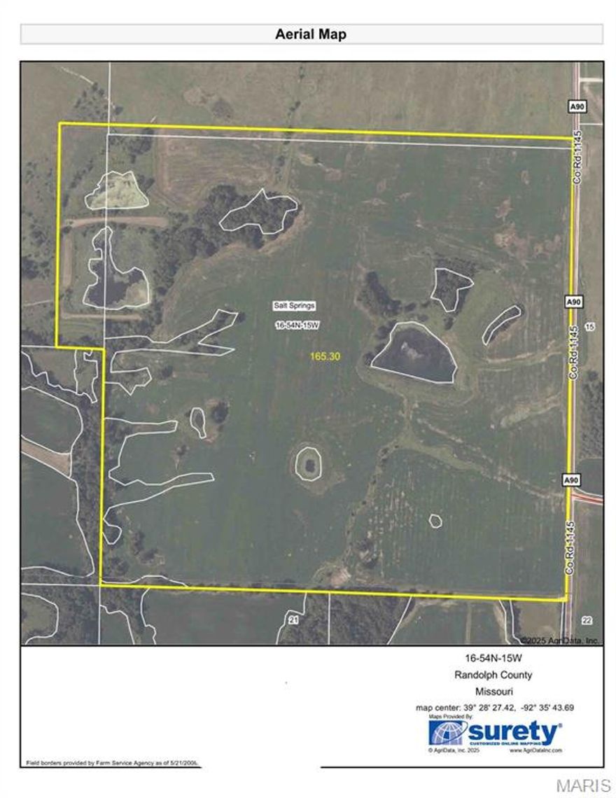 Randolph 167.88 surveyed acres 122 ac tillable was in beans for 2025. Owner has a 3-year lease in place 2026-2027 $24,400 paid upfront each April 1, additionally has a hunting lease in place paying $4,000 
Property has 5 ponds with the larger ponds being stocked. Priced at $5750 ac