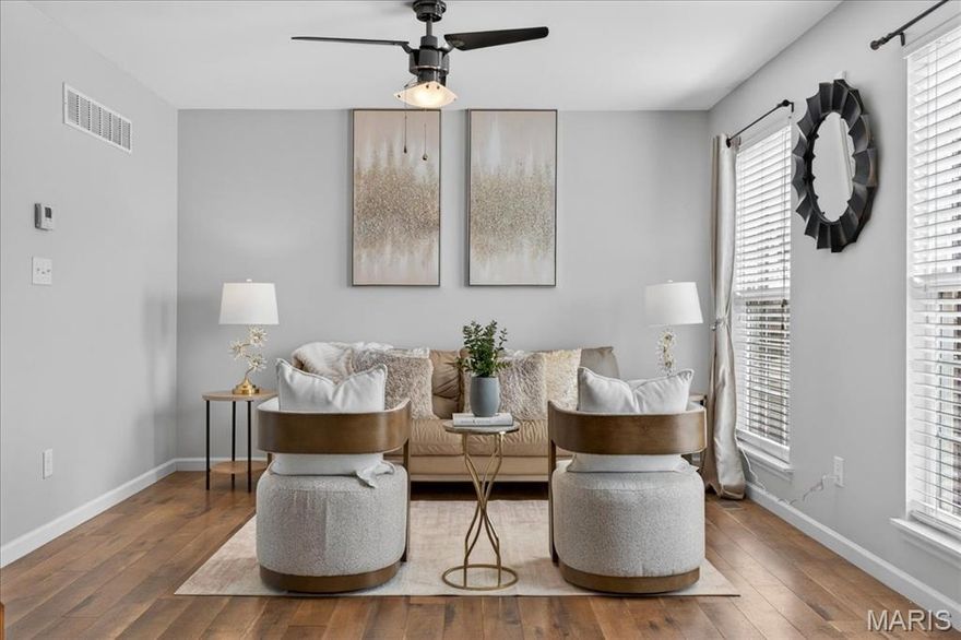 Beautiful end unit townhouse style condo in the Villages of Springhurst offering 2 bedrooms and 2.5 baths with a one car garage. The main level features a spacious living area, convenient laundry with washer and dryer included, and a functional layout ideal for everyday living. The kitchen opens to a breakfast area with access to a private patio. Upstairs includes a loft area perfect for a home office or additional living space. Both bedrooms include walk-in closets, including a primary suite with a full bath. The unfinished basement offers storage or future finishing potential with an egress window and rough-in bath. Enjoy community amenities including a pool, walking trails, park, pond, and basketball court. Conveniently located near shopping, grocery stores, parks, and restaurants with easy access to Hwy 64/40 and 364.