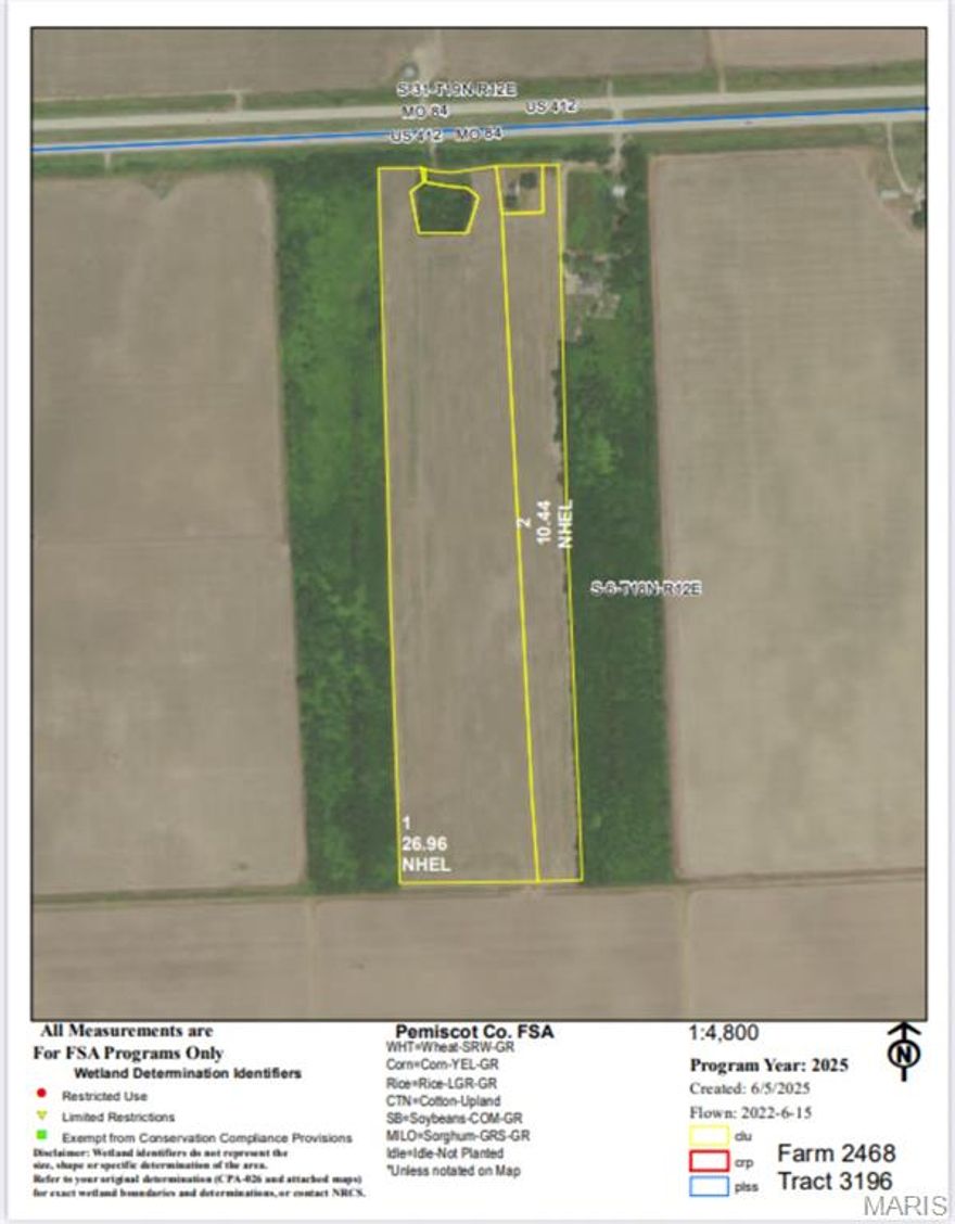 Highway 412 frontage. Delta farmland is an excellent area to own farmland. With the high-water table and soil types it's a never fail to produce crops. The farm is rented for the 2026 crop year. A great investment for sure!