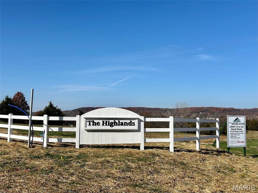 THE HIGHLANDS is  Franklin Counties Latest and Finest 1-3+ acre Custom Home  20  Lot Development . Truly an enclave with few neighbors.  You may choose from a variety of Open & Wooded lots all with  mostly level building sites and gently sloping rear yards, perfect for rear walk out some overlooking common ground, lake, and or woods.  Enjoy a Country atmosphere with ALL underground city services ,Sewer, water, telephone, Electric, Spectrum Internet, Spire Natural gas ,Incredible endless Hilltop views, wide paved streets maintained by the HOA, Protective Covenants with an emphasis on quality and style.Your builder of choice with no time frame to build. 
All within easy HWY 44 access. There is nothing like it in the area except the developers previous development next door "Longview Meadows".  Lot 12 is one of the largest lots and also adjoins a vast amount of common ground. iI has the perfect building site with natural woods and a gentle rear walkout. The woods are thick so bring a heavy coat with gloves and walk this lot . All corners are marked
 Sales Brochure, restrictions and topographic maps available upon request. Minimum home size is1800 sqft . HOA Fees are $400/annum. This development was developed by the same developer who created Longview Meadows (Next Door).