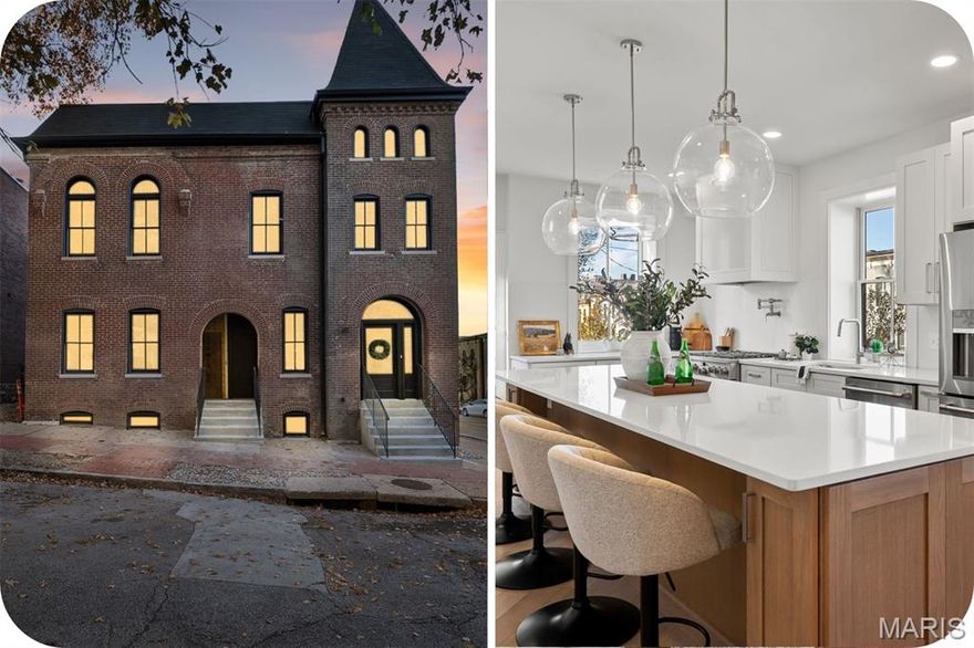 Welcome to 1201 Mackay Place in the heart of Lafayette Square, where historic charm meets modern luxury with a little personality sprinkled in. Just steps from beautiful Lafayette Park, this stunning townhome blends timeless architecture with fresh, high-end design. The main level features 5" white oak floors in a striking chevron pattern and an open layout perfect for entertaining. The showstopper kitchen boasts an 11' white oak island, quartz countertops and backsplash, GE Cafe appliances, and a custom quartz-inset hood. Main-floor laundry and a stylish powder room round out the level. Upstairs, the primary suite soars with 16' ceilings thanks to the home’s former church steeple, creating a truly heavenly retreat with a spa-like bath and twinkling views of the Union Station Ferris wheel. Two additional bedrooms, a gorgeous guest bath, and a herringbone hallway complete the floor. The lower level adds a family room, bar with beverage fridge, full bath, and a fourth bedroom for guests or a flex space. Outside you’ll find a brand-new brick garage, fenced yard, and a deck ready for spring & summer evenings. This one was rebuilt from the ground up & is truly Luxury living, all of this in a former church that's just steps from 1111 Mississippi, Polite Society, SqWires, Clementine’s, and more. Go on, you can go ahead and call this one  divine :-)