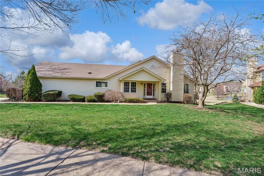 The 1-story end-unit villa Doral model with a 2-car garage and no one above you has been hard to find on market— it offers the privacy of a single-family home in one of the most picturesque settings in the community, while the condo association takes care of the exterior and grounds if you are ready to give up doing exterior repairs, lawncare, leaf blowing, gutter cleaning and snow removal. Enjoy expansive views of the fishing lakes and the beautifully landscaped, park-like common grounds right off your private deck.  Designed for effortless main-floor living, this ready-to-move into home has everything you need on one level, including a conveniently located laundry niche (washer and dryer included). Freshly painted throughout, with updated bathrooms and an updated kitchen (refrigerator included), this villa combines style and comfort with true ease of living.  One of the standout features is the private courtyard — perfect for morning coffee or evening relaxation — with space for private gardening if desired.   The wide front porch and welcoming foyer open to a spacious Living Room with a gas fireplace and deck access, while the Dining Room can easily accommodate larger furnishings for entertaining. The updated Kitchen offers generous workspace and cabinetry including a pantry. A charming breakfast area overlooks the courtyard.  What more could you ask for than a Primary Suite  large enough to include a sitting area, dual closets and an updated ensuite bathroom. The second bedroom makes an ideal office with access to the courtyard.  A laundry niche in the hallway provides a main floor washer and dryer.  The finished lower level provides exceptional flexibility — ideal for a recreation space, a private retreat, or guest accommodations with a full bath. You’ll also appreciate the abundant storage spaces located in both the garage and the lower level.  Major updates include a regularly maintained 10 year old HVAC system, plus newer windows and sliding doors.  Move-in ready, it is just the place you will want to come home to whether to just to kick back and relax or to get out and enjoy your neighbors.  Lots of walkers in this lovely neighborhood.  It is conveniently located near highways 270, 364, and 70, with easy access to the Maryland Heights Community Center, Creve Coeur Park, and the airport.  Go to AutumnLakesSTL.com for more information about this complex and amenities.   Information about the community can be found at AutumnLakesSTL.com.  The Maryland Heights occupancy inspection is in progress