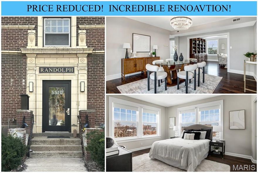 PRICE REDUCED! This one goes above & beyond! Absolutely stunning, over the top renovation to this picturesque condo in the perfect location. Classic 1920’s building with wonderful historic features, yet with all the updates & conveniences you could hope for in this modern interior. Gorgeous updated flooring throughout, super light-filled rooms & a fantastic flexible floor plan. Beautiful black & white marble foyer, spacious living room with custom bookshelves, modern electric fireplace with floor to ceiling surround, huge dining room – perfect for entertaining, updated kitchen with custom cabinets, spice drawer, induction range, quartz counters & backsplash, etc. This formerly 3 bedroom unit is currently designed as a fabulous primary suite with wonderful updated bath, heated floors, walk-in custom shower & an amazing dressing room beyond compare, plus a separate guest suite with another full bath, private in-unit laundry, fabulous private patio ideal for coffee or cocktails, 1 attached garage parking plus 1 additional gated parking space. Large extra storage in lower level plus a community gym, original marble entry & cool elevator to your top floor private retreat. Fantastic location just steps from Forest Park, plus enjoy the benefits of BJC/Wash U's Live Near Your Work program, if eligible. Condos this amazing don't come often!