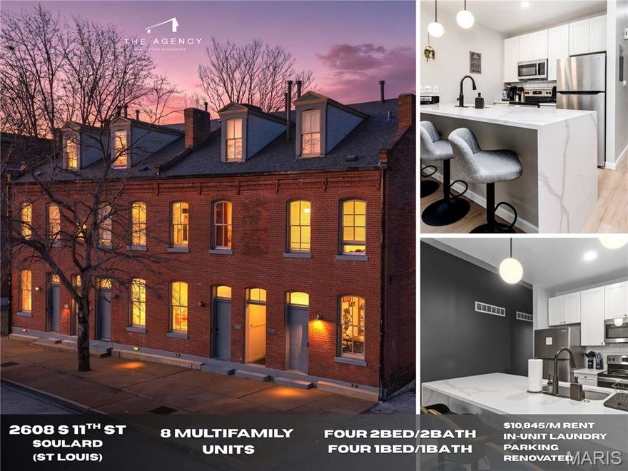 2608–2614 S 11th Street is a fully renovated 8-unit multifamily asset located in the heart of Soulard, one of St. Louis’ most desirable and walkable urban neighborhoods. The property consists of four (4) 2-bedroom / 2-bath units with an average rent of $1455/month and four (4) 1-bedroom / 1-bath units with an average rent of $1256/month, totaling approximately 7,980 square feet across two parcels. Originally constructed in 1899, the building has been thoughtfully renovated while maintaining its historic brick exterior and architectural character.

The property is 100% occupied and currently produces $10,845 in monthly rent ($130,140 annually), offering an attractive 7.04% in-place cap rate with clear upside to an 8.06% pro-forma cap rate through mark-to-market rent adjustments. Average in-place rents are $1,356 per unit, with several units leasing below market—most notably one 1BR unit at $900 versus a $1,375 market rent.

All units feature in-unit laundry, modern finishes, forced-air HVAC systems, and updated kitchens and baths. The property also benefits from off-street parking (~5 spaces), a highly sought-after amenity in Soulard. Operating expenses are efficiently controlled at approximately 31.5% of gross income, and the property is currently self-
managed, allowing for additional operational flexibility.

Located just steps from Soulard’s renowned bars, restaurants, coffee shops, and the historic Soulard Farmers Market, the asset is ideally positioned to attract young professionals and urban renters seeking a walkable, lifestyle-driven neighborhood. This offering represents a rare opportunity to acquire a turnkey, stabilized multifamily asset in one of St. Louis’ strongest rental submarkets, with durable cash flow and built-in upside.