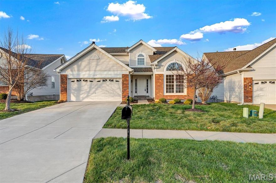 Welcome to 679 Bluffs View Ct., tucked away on a quiet cul-de-sac  in the heart of the highly desirable golf community of The Legends.   This charming, spacious DETACHED VILLA has 3 bedrooms, 2.5 updated baths and offers the perfect blend of privacy, comfort and scenic surroundings.  Step inside and you will simply love this open floor plan , plenty of natural light with a great room that boast vaulted ceilings and palladium windows.  The kitchen serves as the heart of the home, offering ample cabinetry and workspace, perfect for gatherings or quiet evening in.  Off the breakfast area enjoy the private, composite deck with gorgeous bluff views.  Relax in the large area family room with a stone gas fireplace and abundant natural light.  Beautiful Hardwood floors throughout the main level in addition to the main floor laundry.  Upstairs you will find the Primary Bedroom Suite that boasts vaulted ceiling and walk in closet.  Step into the freshly updated Primary Bath it features vaulted ceiling, separate tub and shower, double vanity and 2 skylights.  The additional two bedrooms are very generous in size and adds versatility as a guest room or home office.  Share the second full bath that has also been updated. The walk out, full, unfinished lower level with rough-in plumbing is ready for your future expansion or storage needs.  Additional highlights include a spacious two-car garage and a low monthly association fee that covers lawn care, in-ground sprinklers, snow removal and more.  Enjoy maintenance free living along with resort style amenities.  Golf, Pools, tennis courts, playground areas. Located in the sought-after Rockwood School District and just a short drive from parks, shopping, dining and major highways.  Discover the charm, comfort and natural beauty of 679 Bluffs View Ct.- your next place to call home.