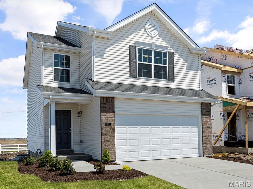 New McBride Burlington 2-story 3BR, 2.5BA home will be move-in ready this summer! The open floor plan has a spacious living room featuring a ceiling fan, large windows, & wood laminate flooring. The dining area opens to the backyard and flows into the kitchen w/a breakfast bar, Level 4 Brellin White 42” cabinets & stainless-steel GE appliances. The primary suite has a spacious walk-in closet & private bath w/a double vanity, enclosed toilet, linen closet, & 5’ walkin shower. Upstairs includes a laundry room, 2 bedrooms w/walk-in closets, and a full bath. Extras include a main floor powder room, matte black fixtures, ceiling fan prewires, a 2 garage with coach lights, & white 6-panel interior doors. Valley View Farms offers beautiful new homes in Union, MO with easy access to shopping, dining, schools, and I-44 for convenient everyday living in Franklin County. Enjoy peace of mind with McBride Homes’ 10 year builders warranty & incredible customer service! Similar photos shown.