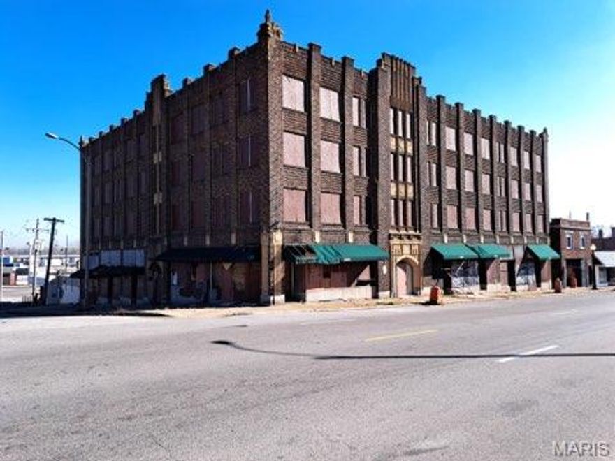 The Ludwig Building is a Roaring 1920s Art Deco landmark offering 35 apartment units (primarily efficiencies) and 8 street-level commercial storefronts, along with an underground garage and elevator access — a rare mixed-use opportunity in North St. Louis. Fully gutted and ready for redevelopment, the property provides a true blank canvas for investors seeking to revive this historic asset. In 2025, the building received approximately $300,000 in exterior restoration, including brickwork, tuckpointing, and a new roof, stabilizing the structure and paving the way for interior build-out. This is an extensive rehab with significant upside, featuring mixed-use income potential, major exterior improvements already completed, and positioning for long-term neighborhood reinvestment.