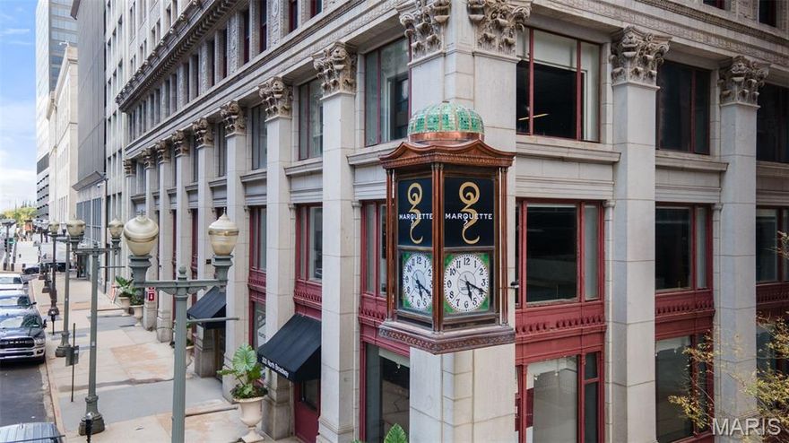 For CARDS fan this is the perfect new home and a great place for entertaining!  This corner unit, with open floor plan, has lots of windows & the high end finishes including granite counters, hardwood floors & Master Suite with walk-in closet.  You’ll enjoy the pampering and convenience of the Marquette amenities: Door attendant, Carerra marble lobby, rooftop pool, bbq facilities, dry cleaning services, garage parking, & more . The Historic building is the crown jewel of downtown living! You are blocks from baseball games, the Metro, and & all that downtown St. Louis has to offer. In-unit laundry, one garage parking space and storage included. Enjoy downtown living at its finest! Call me for a private showing! Location: City, Corner Location, Downtown, End Unit, Upper Level