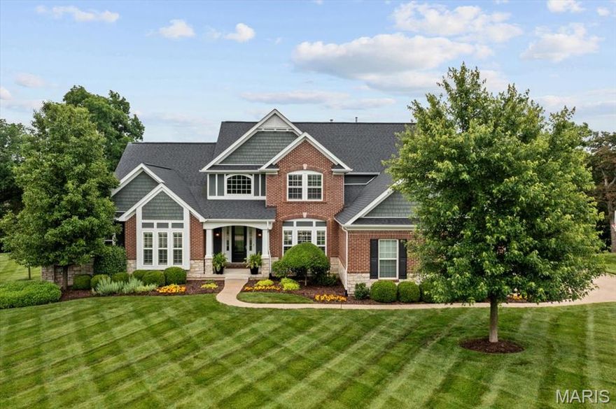 Welcome to luxury living in the highly sought-after, gated Pevely Farms community! This custom-built home sits in a premier location with views of the 9th hole's tee box from the front yard and the property itself backing directly to the 13th hole. It's the perfect blend of privacy and picturesque golf course living- a dream for golf lovers. Step inside to an open-concept layout featuring a stunning kitchen with a one-of-a-kind sapele mahogany wood island- ideal for entertaining. The living room boasts custom built-ins and a gas-burning fireplace, while a cozy hearth room just off the kitchen offers a second fireplace- perfect for relaxed evenings or morning coffee. The spacious main-level primary suite includes a spa-like bath and a beautifully designed custom closet. Outside, unwind in your private backyard oasis with a gunite pool, paver patio, and covered screened porch- perfect for summer gatherings. This quiet neighborhood offers upscale living with the beauty of nature and the bonus of golf course access. Homes like this in Pevely Farms don’t come around often!