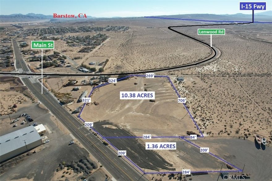 PRICE REDUCED TO $6M FROM $12M. Two parcels totaling ±11.74 acres (APN#0421-172-09 & 12). Utilities available on the street (buyer to verify). Zoned Diverse Use which allows a wide range of uses including multi-family, commercial, office, single family residential, or a combination of these uses (Buyer to verify). Property has recently been graded and covered with asphalt. NOTE: These two parcels (+/- 11.74 acres) are available for ground lease @ $48,000/month.

Located within close proximity of I-15, Highway 58 and I-40. Perfect site for potential truck parking. Major transportation corridor – railroad, highway. Approximately 418 feet of linear feet along Main St. BNSF completed construction of their $27 million-dollar interim intermodal yard in July of 2019. Loves Truck Stop, Little Sister’s Truck Wash, Travel Center of America, and Pilot are located nearby. NOTE: A major hub on the BNSF Southern Transcon in San Bernardino County where the Needles, Mojave and Cajon subdivisions come together, and the location of Barstow Yard, will be the site of Barstow International Gateway, a $1.5 billion investment described as a “state-of-the-art master-planned integrated rail facility, and the first being developed by a Class I railroad.”