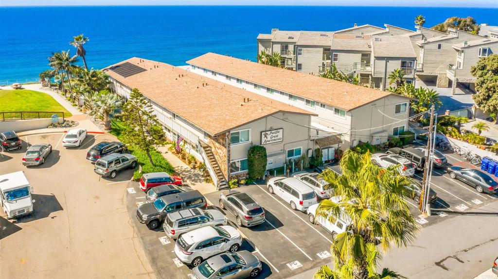 Gorgeous 21 unit Apartment complex in Downtown Encinitas on the bluffs overlooking the Ocean, and Swami's surf spot. Same Ownership for last 20 years. Units have been renovated to various extent over last 20 years but there is upside if the Buyers want to improve further and add w/d to each unit. Last 2Br condo sale in the neighborhood $2.85m. Newer pitched comp roof, water pipes replaced in 2003, pool and pool area renovated in last 2 years, newer windows, new 2nd floor deck going in now. Close to all the restaurants, shops, theater, banks, yoga studios, and train station on or near HWY 101.