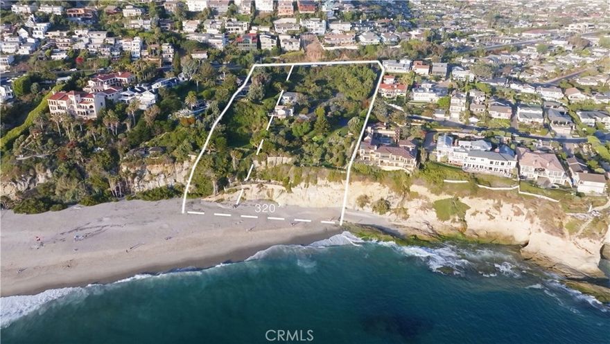 The most spectacular oceanfront estate offering in Laguna Beach presents 3.7 acres of land with 320 feet of sandy beach at the Pacific Ocean.  At one of the most scenic beaches in California, the property includes eleven individual parcels and a total of 3 structures.  It is a privately gated, sequestered one-of-a-kind compound that is the largest in Coastal Orange County.  This property is free of HOA oversight and limitations.  Breathtaking views of the ocean, coastline, and sandy cove below are unsurpassed, as is its parklike privacy.  Secured by a private road with separate entrance and exit gates to Coast Highway, this property can also be sold in portions of 1.25 acres and 2.5 acres.  The sprawling grounds showcase verdant terraces, lawns and lush gardens, statuesque trees, and private overlooks offering priceless ocean views.  At land’s edge just 30 feet above the sand is a 70-foot-long extended sea-cliff ledge offering amenities for private outdoor enjoyment for social gatherings or seaside reverie.  A safe, enticing footpath leads to private, gated access to the four-season beach, accessible only by you.  The opportunity for a grand estate simply does not exist in equal measure in Coastal Orange County.  The estate extends full frontage from Coast Highway to the ocean, bounded on the south by Three Arch Bay and a single home to the north.  City records note addresses on Coast Highway from 32201 through 32241 (odd numbers), plus other parcels without addresses.  Take advantage of this singular opportunity to own this secluded, private, matchless paradise on the Pacific Ocean.