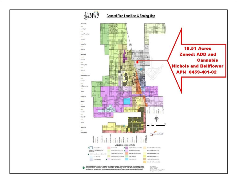 18.51-acres of Raw Industrial land in Adelanto's Airport Development District. Zoning is ADD & Cannabis which allows various industrial uses. Prime location between Highway 395 and the Southern California Logistis Airport (SCLA). The nearby SCLA has become a hotbed for Distribution Warehouses including Amazon's 1-million square foot distribution warehouse. There are several nearby building projects in the planning stages for industrial, distributioin and cannabis warehouses. Check with the city for your intended use.
