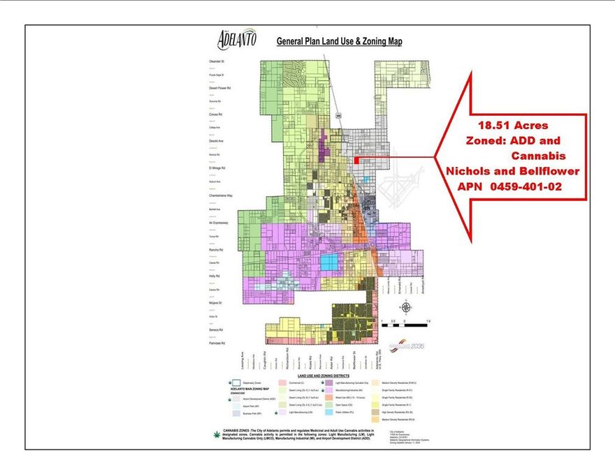 18.51-acres of Raw Industrial land in Adelanto's Airport Development District.  Zoning is ADD & Cannabis which allows various industrial uses.  Prime location between Highway 395 and the Southern California Logistis Airport (SCLA).  The nearby SCLA has become a hotbed for Distribution Warehouses including Amazon's 1-million square foot distribution warehouse.  There are several nearby building projects in the planning stages for industrial, distributioin and cannabis warehouses.  Check with the city for your intended use.