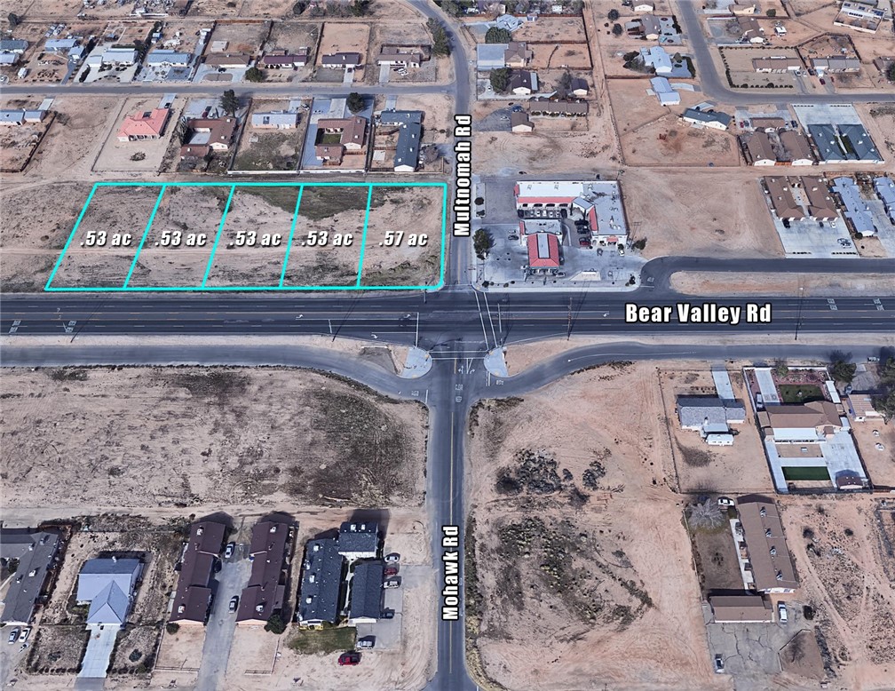 2.69 ac Commercial signalized corner on Bear Valley Rd in Apple Valley. Located on the Northwest corner of Bear Valley Rd and Multnomah Rd, central between Kiowa Rd and Navajo Rd. Bear Valley Rd and Kiowa Rd has a traffic count of almost 40,000 per day. Bear Valley Rd and Navajo Rd has a traffic count of almost 29,000 per day. Highly traveled segment of Bear Valley Rd in Apple Valley. Over 2,000 residences in a 1 mile radius, over 6,400 in a 2 mile radius. Zoned C-G (General Commercial), allowing for retail, office, gas station, shopping center, auto repair/sales, restaurants, etc.