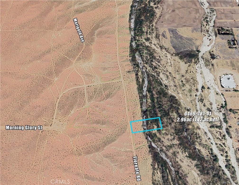 2.96 ac Rural Living parcel on Floreate Rd along the west side of the Mojave River in Oro Grande/Adelanto. River flows above ground in this area. Back half of lot drops down into River area. Access via Hwy 395 to Colusa Rd, to Helendale Rd, to Purple Sage/Morning Glory, to Floreate. 4x4 Vehicle recommended. Seclusion and the River call you. 9 Lots total available on/off Floreate (6 on River, 3 off). Please contact Listing Agent for more information.