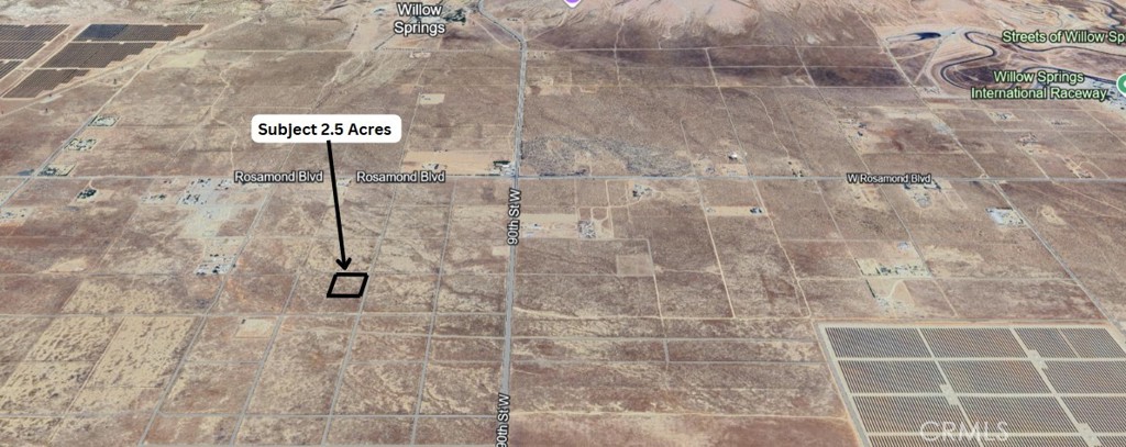 Explore the possibilities with this 2.5-acre parcel, ideally flat and usable for a range of projects. Perfectly suited for building a private ranch, this property is conveniently located just off Rosamond Blvd. It offers expansive panoramic views of the valley and mountains, enhancing its serene rural appeal. A great investment opportunity, enjoy proximity to Willow Springs Racetrack and easy access to the nearby towns of Rosamond, Lancaster, and Tehachapi, CA.