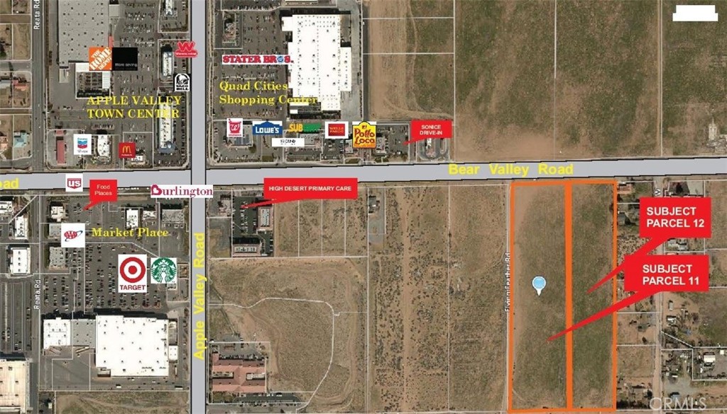 An Investment Opportunity in a rapidly developing commercial section of Bear Valley Rd. in Apple Valley. Jess Ranch, Retail Centers, Restaurants and Service Uses now have reached this 16+ acre property on both sides of Bear Valley Rd. Join Target, Lowes, McDonalds, Starbucks, Tractor Supply, Corky's Kitchen and a variety of service professionals calling Bear Valley Rd. their home. New homes and Golf Courses are drawing families to this rapidly developing community. * Brightline West will be bringing high speed rail travel with the 300 acre Victor Valley Station locating right in Apple Valley. Las Vegas will be just a couple hours away. Get started now to take advantage of the burgeoning growth in this area. Utilities at or very near this site.
* Information is deemed reliable but not guaranteed. Buyer's and their representatives to perform their own due diligence as it
relates to their intended use.