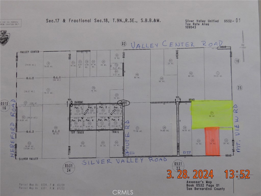 Motivated Seller, make offer. PRIME location in Newberry Springs. This has to be one of the best opportunities available in the area. Two adjoining parcels, totaling 80 acres on paved road, centrally located in Newberry Springs. The 20 acre parcel fronts on Silver Valley Road, the 60 acre parcel is behind the 20 acre parcel and has frontage on Mountain View Rd. Palos Verdes Road is at the NE corner of the 60 acre parcel. The parcels are NW of the corner of Silver Valley Rd and Mountain View Rd. The two parcels together are shaped like a "T". The parcel numbers are 0532-011-28 (20 acres) & 0532-011-37 (60 acres). These parcels are located approximately just 660' east of the homes at 44522 Silver Valley Rd. Silver Valley Elementary School is just over a mile east of this property. What a great place this would be to build your ranch. Alfalfa fields are nearby. Lot sizes indicated include both parcels and are taken from tax assessor's public records.
