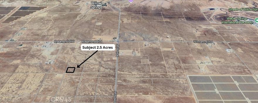 Explore the possibilities with this 2.5-acre parcel, ideally flat and usable for a range of projects. Perfectly suited for building a private ranch, this property is conveniently located just off Rosamond Blvd. It offers expansive panoramic views of the valley and mountains, enhancing its serene rural appeal. A great investment opportunity, enjoy proximity to Willow Springs Racetrack and easy access to the nearby towns of Rosamond, Lancaster, and Tehachapi, CA.