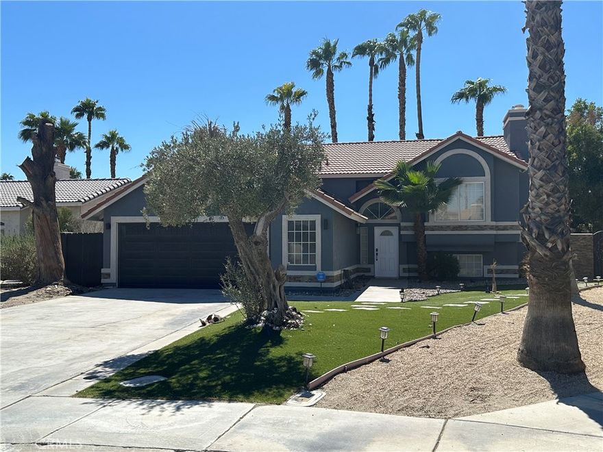 This 4 bedroom, 3 Bath house is in a Cul-de-sac street. Great area, not far from Desert Princess Country Club and Palm Springs Int'l Airport. This Desert Paradise property has a pool, spa and BBQ, with a new solar panels and the house is turn key condition. Also included 2 fireplaces, 2 car garage with lots of storage space. The property has a new water pump for the pool and spa, new A/C and heater unit and a Car charger unit in the garage for your electric car.