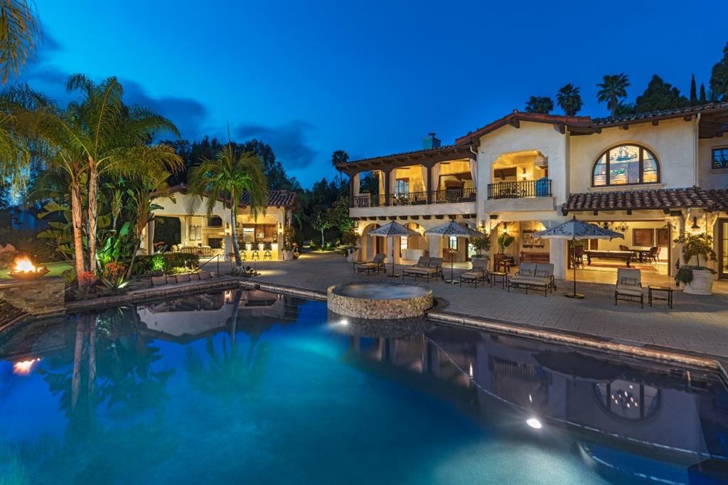 Reminiscent of the Santa Barbara designed homes built in Montecito`s Golden Era this stunning 11,300sqft Resort Estate epitomizes the best of Rancho Santa Fe Living. Advantageously situated on over 3+ VIEW acres with room for Horses or Tennis, the property offers total privacy. As you would expect every possible amenity was incorporated by master builder John Bianchi during construction. Over the top high quality finishes are universal including heated stone floors in master spa bath, grand...see supp Neighborhoods: Covenant Equipment: Dryer,Fire Sprinklers,Garage Door Opener,Pool/Spa/Equipment, Range/Oven, Vacuum/Central, Washer Other Fees: 0 Sewer: Sewer Connected Topography: LL,GSL