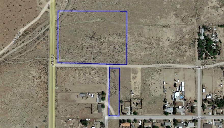 OPEN TO OFFER. 2 LAND PARCELS. AVAILABLE TOGETHER. LEVEL.
9.97 ON 150th STREET EAST AT AVENUE M8. ZONE LCA11. A PAVED MAIN STREET.
A WATER LINE IN THE PAST TO THE 9.97 ACRES FROM THE 1 ACRE AS THE SELLERS HAD A HOUSE ON THE 9.97 ACRES IN THE PAST.
1.01 ACRES ON M8 AND LANFAIR AND 151th STREET EAST. ZONE LCRA 4000.
A RESIDENTIAL LOT BETWEEN HOUSES. A PAVED STREET.
ONE ACRE IS ON A WATER MAIN.
ONE ACRE IS ON SEWER.
150th AND LAINFAIR AND 151th ARE PAVED STREETS.