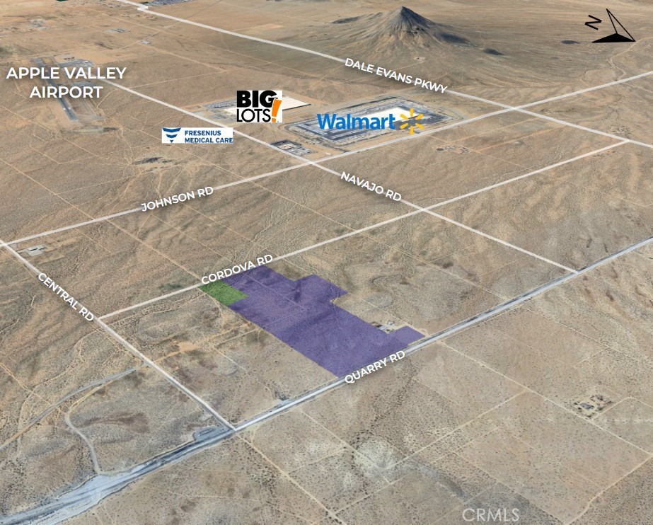 Offering ±61.96 of vacant industrial land with approximately ±570 feet of frontage on Cordova Road in Apple Valley. The site, zoned I-G General Industrial, is one of the last remaining large offerings within the North Apple Valley Industrial Specific Plan, a roughly 6,200-acre plan designating land for various industrial and commercial applications. Utilities are at the site with power lines along the north boundary and 12” water lines present in various locations surrounding the property. The North Apple Valley area is experiencing rapid growth with approximately ±16M sf of industrial warehouse space currently in various stages of the entitlement process. Located just one mile northeast of the Walmart, Big Lots, and Fresenius Medical Care distribution centers and three miles southeast of the planned Brightline West passenger station and maintenance of way facility, this site is situated among well established as well as highly anticipated development. Buyer is encouraged to complete their own due diligence and verify all information contained herein.