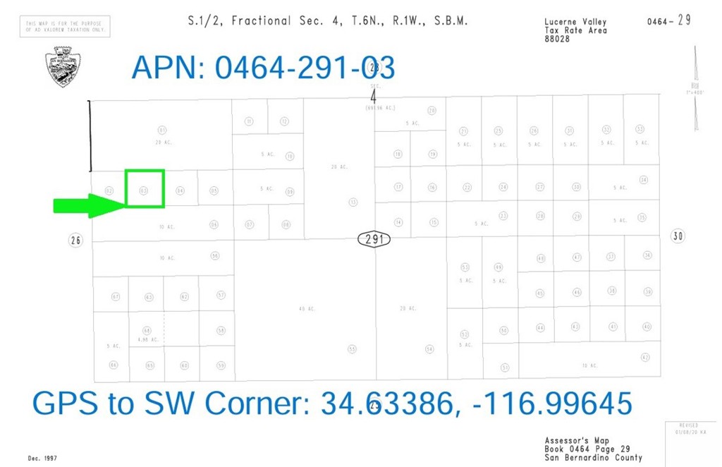2.5 Acres (APN: 0464-291-03) GPS: 34.63386, -116.99645 This 2.5 acres is located in Lucerne Valley, CA within the San Bernardino County. Lucerne Valley is located in the High Desert to the east of Apple Valley, Hesperia and Victorville. This property lies within the unincorporated area of the San Bernardino County within the Lucerne Valley 'Resource Conservation' (LV-RC) zoning. This zoning means it's all about protecting natural spaces while offering plenty of recreational fun. Single Family homes are permitted in this zoning. This area is northern Lucerne Valley with a mixture of private and government land. Overhead electricity is approximately 4.1 Mi SSE. Residents in the area have private water wells, septic tanks and propane tanks for their utility needs. Lucerne Valley, located in Southern California's High Desert region, is a picturesque and tranquil community nestled amidst the vast expanse of the Mojave Desert. This charming town is renowned for its stunning natural beauty, with the towering San Gabriel Mountains to the south and the expansive Mojave National Preserve to the north. Lucerne Valley is a haven for outdoor enthusiasts, offering opportunities for hiking, off-roading, and camping, making it a popular destination for those seeking adventure in the rugged desert landscape. With its unique blend of natural splendor and rural charm, Lucerne Valley provides a serene escape from the hustle and bustle of city life. This property does not yet have an address. While the boundary lines on the map offer a glimpse, they are only approximate. A Buyer should verify boundaries, zoning and utilities, ensuring every aspect aligns with their vision for the property.