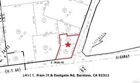 Retail Pad Development Opportunity - +/- 31,000 sf corner pad, signalized intersection on E Main St & Eastgate Rd, adjacent to 15 Fwy connecting Las Vegas to Los Angeles, 50,000 cars south or west of Main St & 15 Fwy exit, major transportation corridor with more than 60 million people in 19 million vehicles traveling through Barstow each year, busy exit/intersection off East Main St & 15 Fwy, high performing drive-thru area, ground lease opportunity available. 1451 E Main St & 130 Eastgate Rd to be sold together.