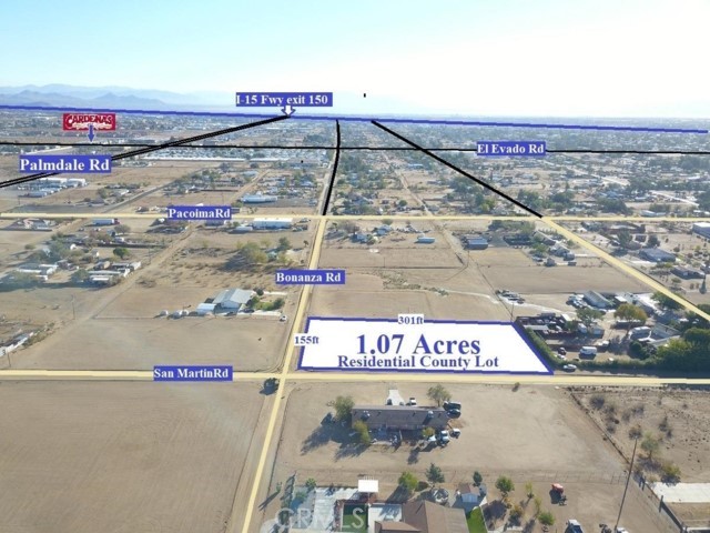 County Corner Residential Vacant Lot at Mountain View Acres, beautiful corner lot, just over an acre, centrally located with amazing views of the desert and mountains! adjacent to established homes, located close to schools and shopping. Commuter friendly, just a few blocks away from Palmdale Rd and 2.3 mile from I-15 Fwy., Come and build your home in this beautiful and quiet area. There are Electrical, water, gas and sewer Adjacent to the property (Buyer to verify and do their own due diligence).