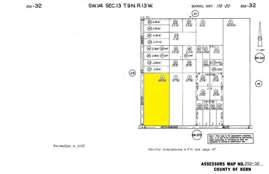 MAJOR PRICE REDUCTION!!!!!! 18.63+/- acres Commercial Northeast Corner of 50th Street West and Rosamond Blvd. The subject is across from The commercial RV Oasis park, Market, and Apartments (4968 W Rosamond Blvd, Rosamond, CA 93560). Water and Sewer – Rosamond Community Services District (RCSD). Electricity – Southern California Edison. Gas – Southern California Gas Company. School District – Southern Kern Unified. It also has its own water well. Basically flat, rectangular in shape with over 631’ of frontage on Rosamond Blvd. and 1294’ on 50 Street West. The property is located very close to shopping, restaurants. Willow Springs International Raceway is 2 miles to the west and Hwy. 14 is about 3 miles to the east which gives you easy and fast access to Lancaster and Palmdale. THE LAND IS ALSO FOR LEASE AT $0.15/SQ. FT./YEAR (~ $6,534/ACRE/YEAR). 

THE LEASE AMOUNT WILL BE $121,728/YEAR. 

You may google the following GPS coordinates to locate the property: 34.864307  -118.219255