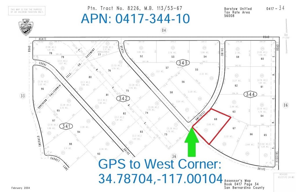 2.08 Acres (APN: 0417-344-10) GPS: 34.78704, -117.00104 The property is located near Barstow, CA. Barstow is a city located in the Mojave Desert in San Bernardino County. Imagine owning land surrounded by the exhilarating Stoddard Valley Off Highway Vehicle (OHV) area, spanning an impressive 53,000 acres of open riding terrain. This isn't just land – it's an invitation to endless adventure for riders of all levels, from motocross enthusiasts to quad rookies. With diverse landscapes that cater to every taste and skill, it's no wonder four-wheel drive clubs flock to this area for events and competitions. And the fun doesn't stop there! Picture yourself exploring rugged trails, scrambling over rocks, discovering hidden gems, and marveling at the abundant plant and wildlife. This isn't just owning land – it's owning a gateway to excitement and exploration in the great outdoors. This property lies within the unincorporated area of the San Bernardino County within the 'Resource Conservation (RC)' zoning. According to the County this land use designation zoning district provides for open space and recreational activities and single family homes. Some of the other permitted uses include; crop production, orchard, vineyard, produce stand and a licensed residential care facility. Nestled at the crossroads of major highways like Interstate 15, Route 66, and the 58 Highway, Barstow is a must-stop destination for travelers, earning its nickname as the 'Crossroads of the Desert.' With its strategic location, the city welcomes visitors with open arms, offering a rich tapestry of history and culture to explore. Dive into the city's vibrant past with attractions like the Barstow-Daggett Railroad, a testament to its pioneering spirit in the late 19th century, and immerse yourself in the iconic Route 66 phenomenon that put Barstow on the map. Explore intriguing museums like the Route 66 Mother Road Museum and the Western American Railroad Museum, where you can uncover fascinating stories of the city's heritage. Whether you're a history buff or simply seeking adventure, Barstow invites you to embark on a journey of discovery and nostalgia like no other. This property does not yet have an address. While the boundary lines on the map offer a glimpse, they are only approximate. A Buyer should verify boundaries, zoning and utilities, ensuring every aspect aligns with their vision for the property.