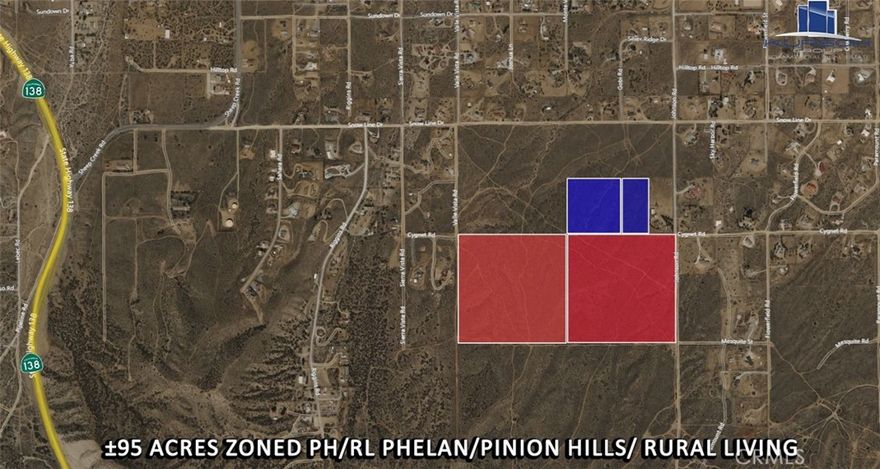 ±40 acres zoned PH/RL Phelan/Pinion Hills/ Rural Living. Great views nestled at the base of the San Gabriel Mountains overlooking the High Desert.  Minimum lot size of 2.5 acres.  Utilities nearby – Buyer to Verify.