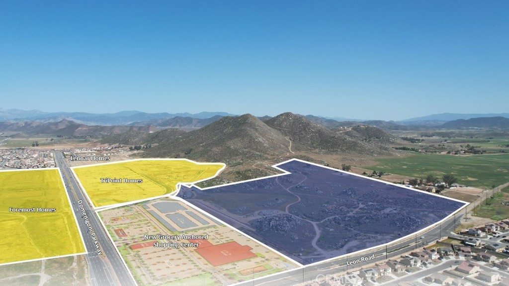 Located in the heart of Winchester in the County of Riverside, this 182 lot single family community will be ready for development in early 2023.
The site has great frontage on Leon Rd with nearly direct access to Domenigoni Pkwy. The site lies just east of the city of Menifee with a 5.5 mile drive to I-215 at Newport Rd with retail centers at all four corners of Newport Rd / I-215. There is no doubt this is the most desirable area of the developing Winchester area. The community features a public trail along Leon Rd as well as a large amount of natural open space on the east side of the project.
• LOCATION: Winchester, Riverside County, CA
• PRODUCT TYPE: For Rent or For Sale - New Housing Opportunity Single Family
Detached Residential
• TOTAL SITE AREA: 84.8 Acres
• LOT COUNT: 182 Lots with 7,200 SF Minimum Lot Size
65’ Minimum Width
• DELIVERY: Graded Blue Top Lots with all Final Engineering Approved
• REMAINING COST TO COMPLETE: $141,209
• CFD: Not yet formed - $30k per door est.
• SCHOOL DISTRICT: Hemet Unified School District