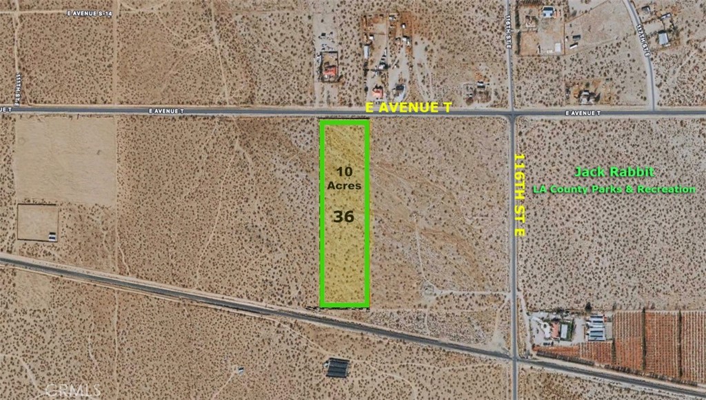 10 ACRES of Land in Prime location. City Water, Power, Paved Road/Asphalt all along Ave T and 116th st , Busy street. Part of 4 Parcels of Land in LittleRock right off Ave T leading onto Pearblossom Hwy (Hwy 138). Located at Ave T and 116th st right across the street from LA county Parks & recreation Jack Rabbit. This area is developing fast. Residential properties across the street. Located approximately 2 miles away from Hwy 138 and near Hwy 14. Parcel can be Sold Separately or bought with the other 3 parcels All Together. From the 4 total parcels, 3 parcels are 10 ACRES +/- each and one parcel is 6.61 ACRES. This is an excellent Investment opportunity. Great opportunity for any investor or developer. 10 Acres of flat land. Sky is the Limit...