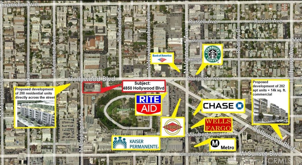 Apex Properties is pleased to present this existing strip center for sale with major development potential. The land size is 38,582 sq. ft. The land is zoned C-2 with the southerly approx 50 ft of the parcel zoned R-1.5. There are major developments springing up all around the site. Most leases are short term or month to month. There are 2 leases whose terms expire in January 2020 - these are the longest remaining lease terms. The property enjoys frontage on Hollywood Blvd of over 265 feet and the depth of the lot is approximately 157 ft.
The property is located on SE corner of the signalized intersection of Hollywood Blvd and Edgemont St in the red hot rental market of Los Feliz near Silverlake and Hollywood. Major retailers all around the site. There is a proposed development of 200 apartment units on the SW corner of Hollywood and Edgemont working its way through the entitlement process with the city. Kaiser Permanente is one block to the south providing a major employment base in the area.