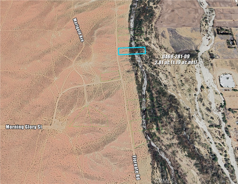 2.81 ac Rural Living parcel on Floreate Rd along the west side of the Mojave River in Oro Grande/Adelanto. River flows above ground in this area. Back half of lot drops down into River area. Access via Hwy 395 to Colusa Rd, to Helendale Rd, to Purple Sage/Morning Glory, to Floreate. 4x4 Vehicle recommended. Seclusion and the River call you. 9 Lots total available on/off Floreate (6 on River, 3 off). Please contact Listing Agent for more information.