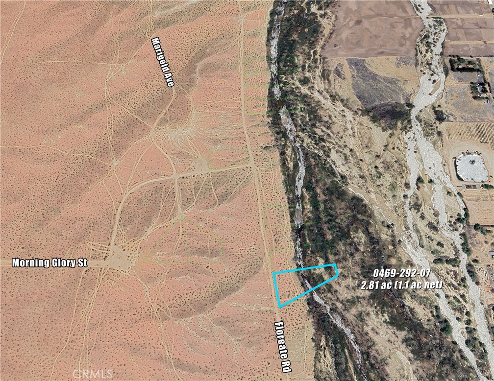 2.81 ac Rural Living parcel on Floreate Rd along the west side of the Mojave River in Oro Grande/Adelanto. River flows above ground in this area. Back half of lot drops down into River area. Access via Hwy 395 to Colusa Rd, to Helendale Rd, to Purple Sage/Morning Glory, to Floreate. 4x4 Vehicle recommended. Seclusion and the River call you. 9 Lots total available on/off Floreate (6 on River, 3 off). Please contact Listing Agent for more information.
